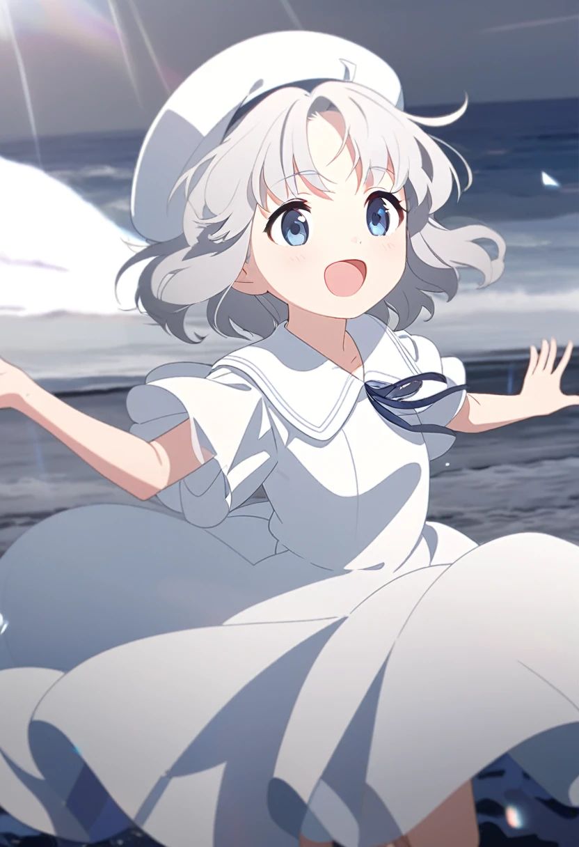 ((high quality,最high quality,8K,Best image quality)),Girl 1,(Young:1.1,Lori:1.1,10 years old:1.1),(Silver Hair:1.2),cute,(Wavy Hair:1.2),(Very Short Hair:1.3),(Long sideburns:1.3),(Dark blue eyes:1.1),(White large dress:1.3),(smile:1.1),Strong winds,Transparency,(Small white beret:1.5)