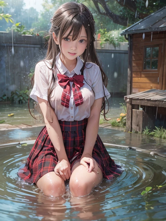Woman in playing with water in backyard , bright sunshine, summery palette, playful, gentle smile , dripping wet, beautiful realistic photo, hyperrealistic fantasy photo, close up, narrow depth of field, 8k, ((drenched)), ((soaked)), (dripping water), dripping oil, soaked in oil , lawn, wet all over, wet dripping hair, varied poses, in a pond , skirt dark red , plaid skirt , pleated skirt , Tight shirt , white Shirt , school girl , red knot , red bow , school , skirt is adjacent to the chest , big breasts , big tits , twin tails hair , rain