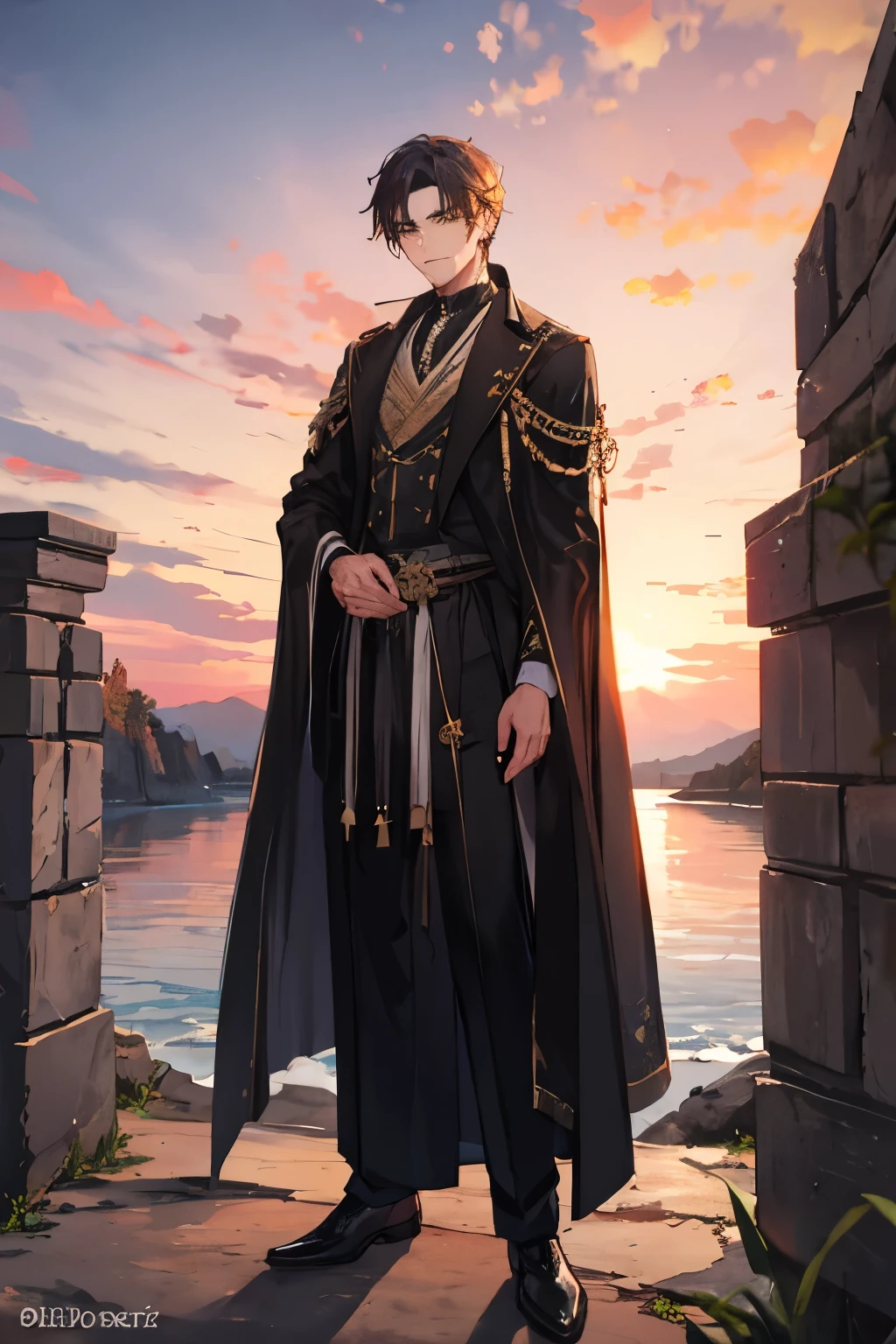 Handsome man in ancient black costume standing in the sunset
