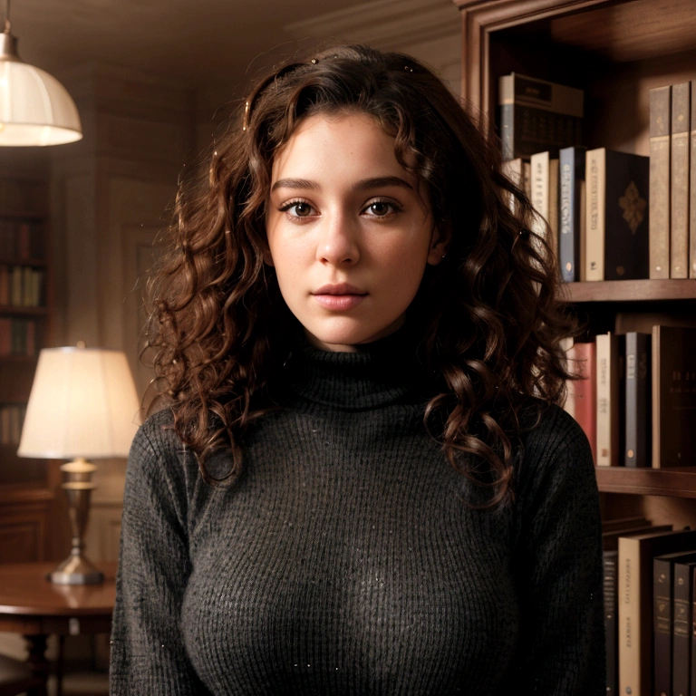 ultra realistic, 4K, photos professionnelles, fille de 22 ans, fille noire, big curly hair, high resolution, detailed face, jean , turtleneck sweater  , head of&#39;artwork, (lighting), (1 only), in a library realistic background, realistic photos 
