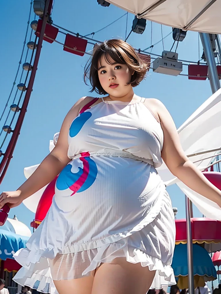 1 girl, obese body, big size, round face, double chin, overweight,Shoulder length Fluffy short hair , white dress,holding her weight on her stomach and looking at the camera,Amusement Park, Ferris Wheel, bbw, curvy, chubby, plump, pudgy, obese