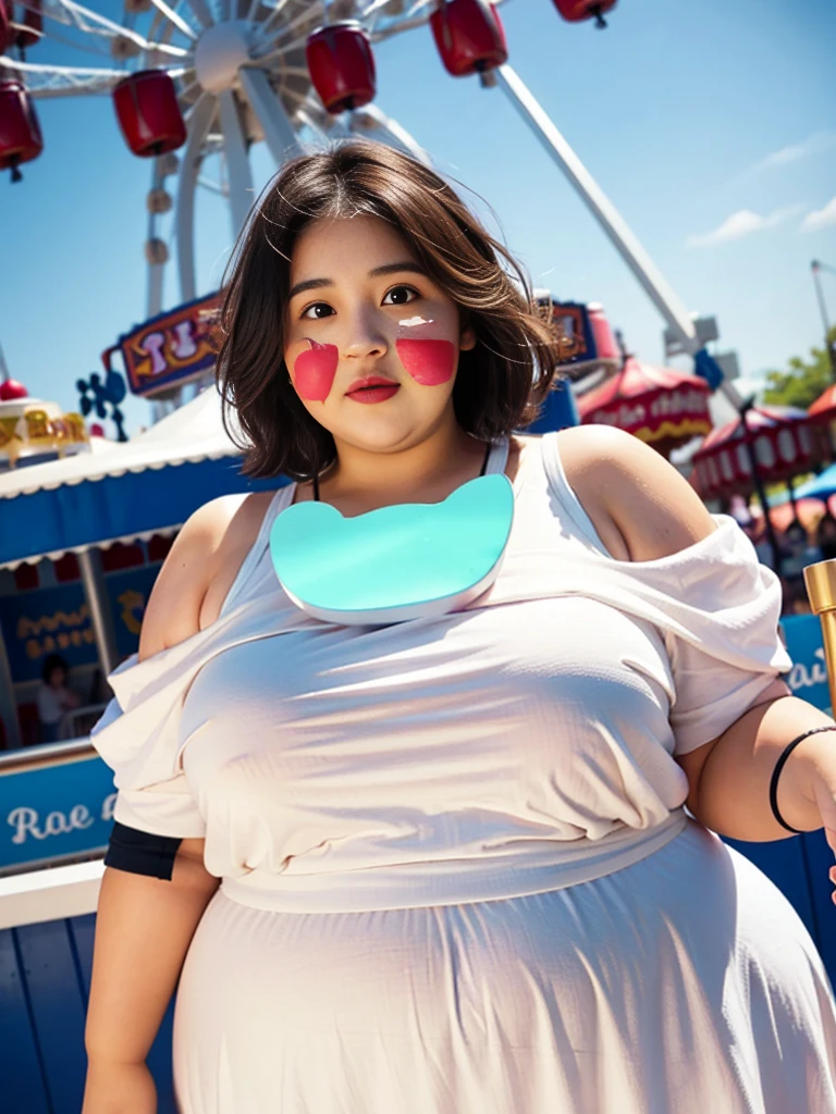1 girl, obese body, big size, round face, double chin, overweight,Shoulder length Fluffy short hair , white dress,holding her weight on her stomach and looking at the camera,Amusement Park, Ferris Wheel, bbw, curvy, chubby, plump, pudgy, obese