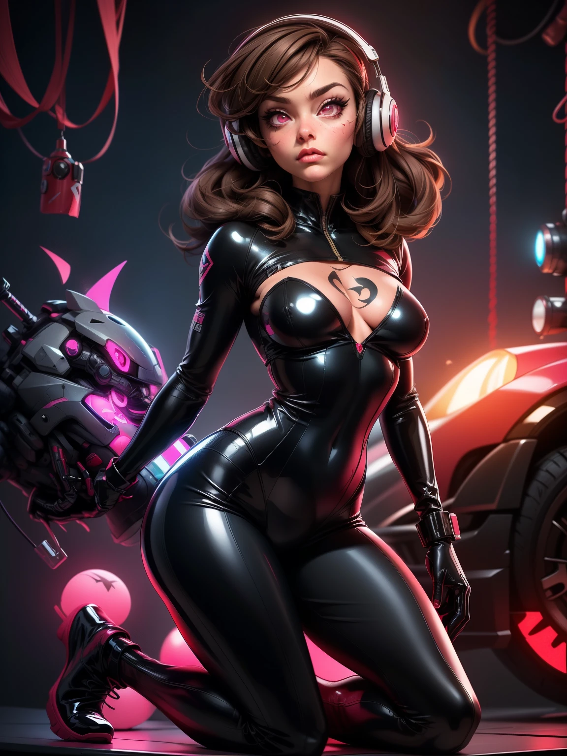 Helen parr, ​masterpiece, top-quality, brown haired, glowing pink eyes, Red and black bodysuit, Tattoo of the lower abdomen, adult lady, Sharp Eye Mask, consternation, mind control, Latex costumes, headphones, 1girl in, full body Esbian, Torture chair, Mechanical background, Glowing tube connected to the body,