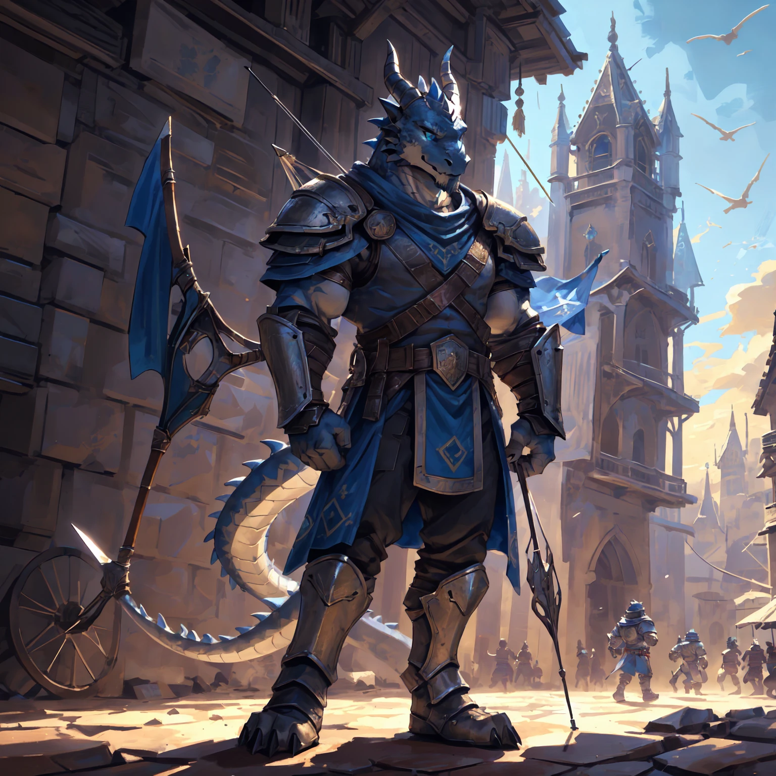 ((middle Ages:1.3，Range background:1.5))，Royal Family:1.2，((Crossbowman:1.6，Crossbow in hand:1.5))，((sunny:1.4))，high resolution，4K，(((whole body:1.1，Strike a pose:1.5)))，masterpiece，high quality，((dragon))，male，dragonFurry，(teenager:1.3)，hairy，((Heroic and Calm:1.4))，(((Slender face:1.2，Lean:1.2，Long legs:1.3，Thick dragon tail:1.2)))，(((Gray head:1.2，Blue pupils:1.2，neck:1.3，Gray Hands:1.4，muscle:1.3)))，(((White Armor:1.3，There is a blue flag on the armor:1.4)))，Exquisite eyes，Detailed body，Detailed hands，Detailed feet，Kenket&#39;s Art