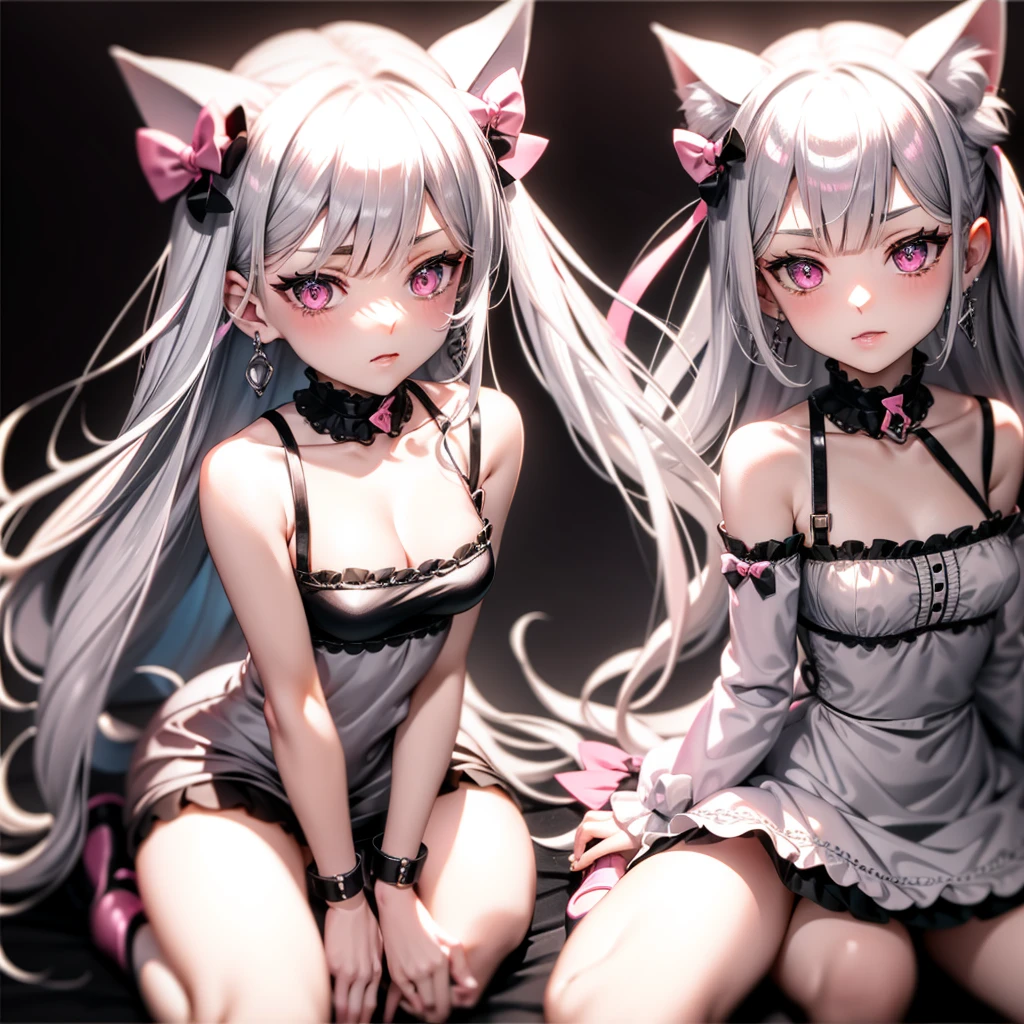 Silver hair, pink eyes, body, cat ears,girl, earrings,hair bows,hair charms,dress, on knees