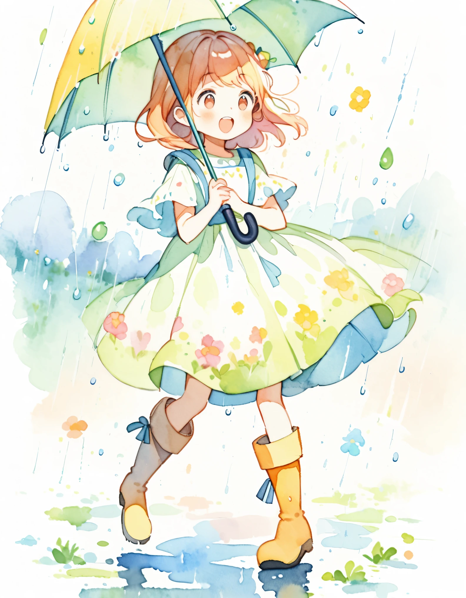 Beautiful girl holding an umbrella, A girl having fun in the rain, ((Wearing boots)), sing, content:watercolor. style:Whimsical and delicate, Like an illustration in a children's book.