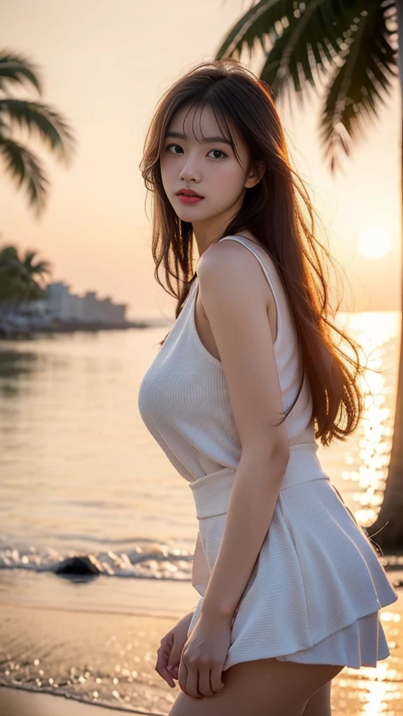 Ultra-detailed 8K photos of Japanese gravure models,Shoulder-length wavy hair and striking hazel eyes. She strikes a seductive pose on a tropical beach, dress chicly, Vest, mini skirt, The afterglow of the setting sun casts a warm light on her, when she naughtily, Looking at the camera, Surrounded by peaceful and beautiful ocean and palm trees