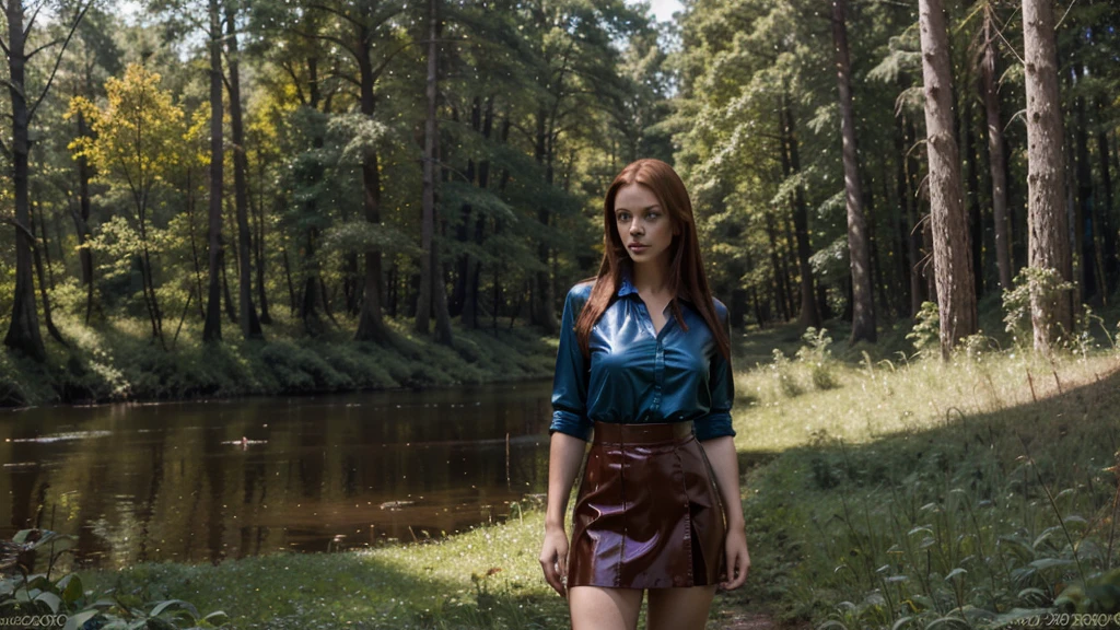 12K, HDR, BEST IMAGE, REALISTIC, FOREST, DARK GREEN, RIVER, A BEAUTIFUL YOUNG GIRL, 30 YEARS OLD, RED BROWN HAIR, LONG STRAIGHT, , RED LATEX SKIRT, , BLOUSE , LARGE PHOTO OF HER, STANDING, SKY BLUE EYES , BLUE ROUND PORTAL, TO ANOTHER WORLD, MYSTERIES OF DEEP NATURE