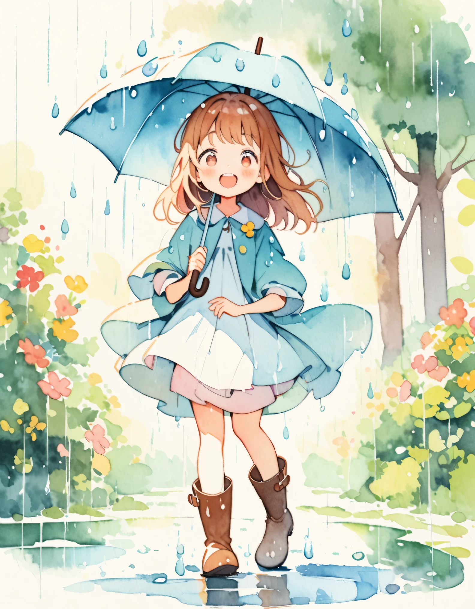 Beautiful girl holding an umbrella, A girl having fun in the rain, ((Wearing boots)), sing, content:watercolor. style:Whimsical and delicate, Like an illustration in a children's book.