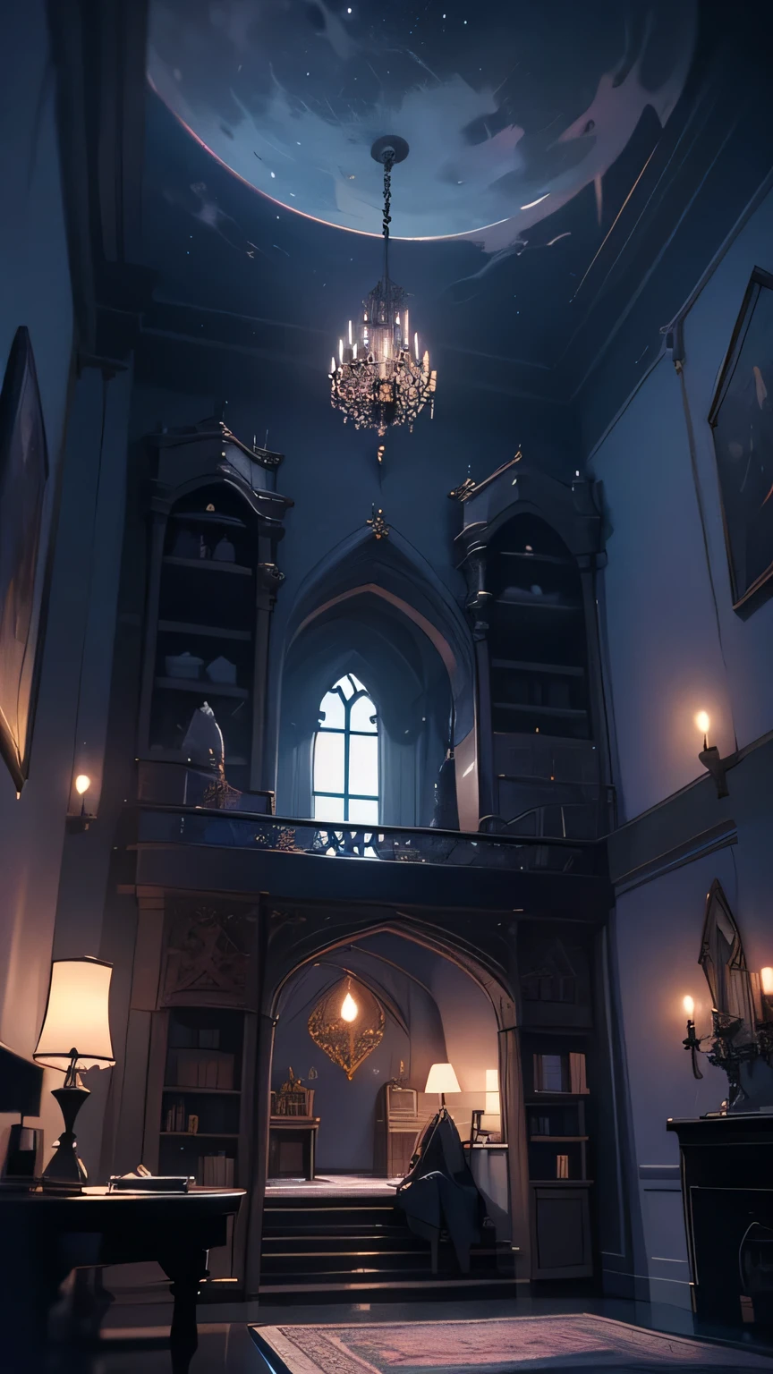 A highly detailed, There is a loft at the back、gothic-style illustration of a spacious indoor room at night, with a wide composition showcasing a gothic-style bed, a chandelier, gothic-style furniture, bookshelves, and a plush rug, all bathed in a moody, dark atmosphere with a beautiful night sky visible through the lace curtains, featuring a crescent moon and twinkling stars, masterpiece, (best quality,8k,ultra-detailed,hyper-realistic,extremely detailed),(intricate,gothic,dark fantasy:1.2),dramatic lighting,moody atmosphere,cinematic,elegant,luxurious interior,minimal human presence,(pink and black color palette:1.1),ethereal,mystical,atmospheric,studio lighting,physically-based rendering、large room、Soft moonlight、(cute room)