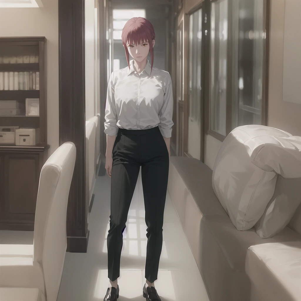masterpiece, best quality, ultra-detailed, Potrait of beautiful MakimaCSM, solo, shirt, long_sleeves, white_shirt, collared_shirt, pants, from_behind, arms_behind_back, black_pants, formal, suit, arm_behind_back, shirt_tucked_in, facing_away, office_lady, business_suit, high-waist_pants, volumetric lighting, best quality, masterpiece, intricate details, tonemapping, sharp focus, hyper detailed, trending on Artstation,