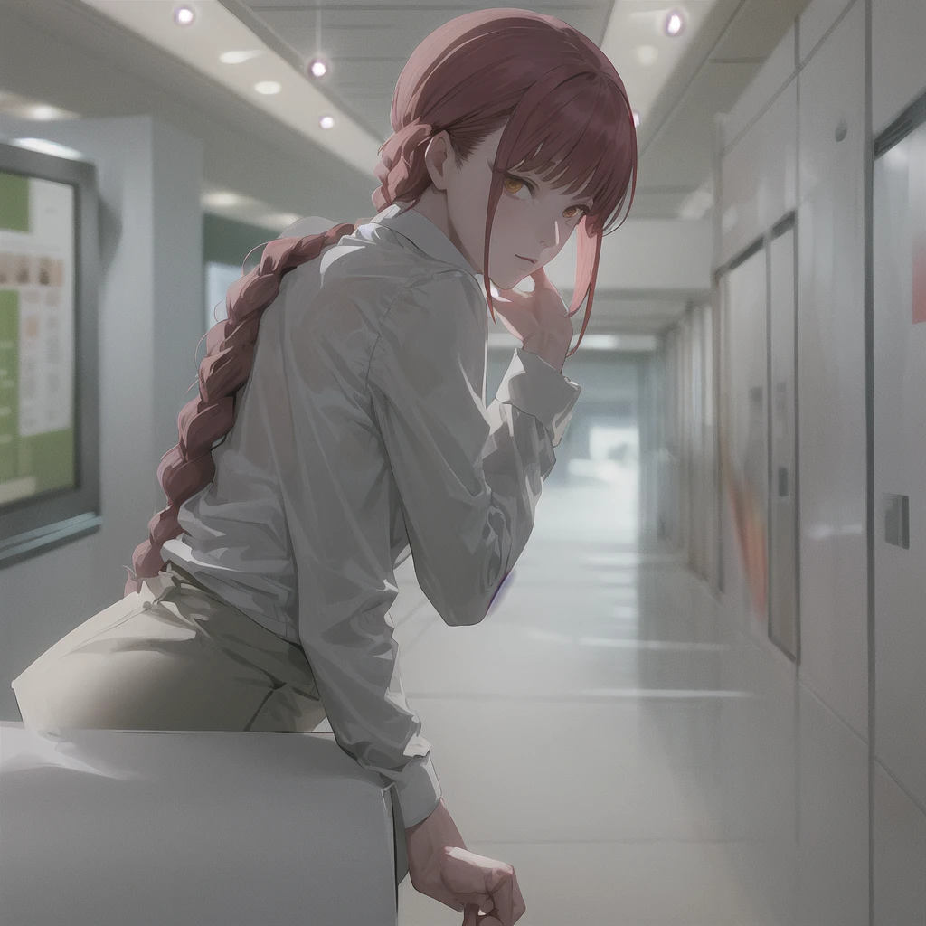 masterpiece, best quality, ultra-detailed, Potrait of beautiful MakimaCSM, solo, shirt, long_sleeves, white_shirt, collared_shirt, pants, from_behind, arms_behind_back, black_pants, formal, suit, arm_behind_back, shirt_tucked_in, facing_away, office_lady, business_suit, high-waist_pants, volumetric lighting, best quality, masterpiece, intricate details, tonemapping, sharp focus, hyper detailed, trending on Artstation,