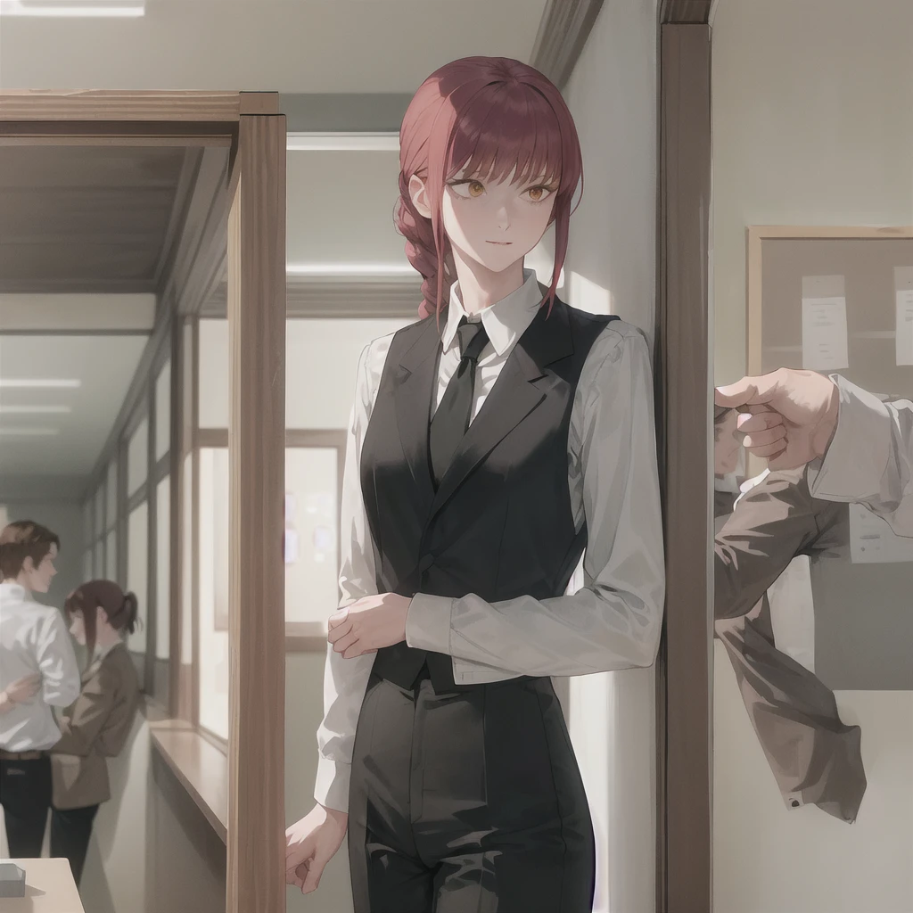 masterpiece, best quality, ultra-detailed, Potrait of beautiful MakimaCSM, solo, shirt, long_sleeves, white_shirt, collared_shirt, pants, from_behind, arms_behind_back, black_pants, formal, suit, arm_behind_back, shirt_tucked_in, facing_away, office_lady, business_suit, high-waist_pants, volumetric lighting, best quality, masterpiece, intricate details, tonemapping, sharp focus, hyper detailed, trending on Artstation,