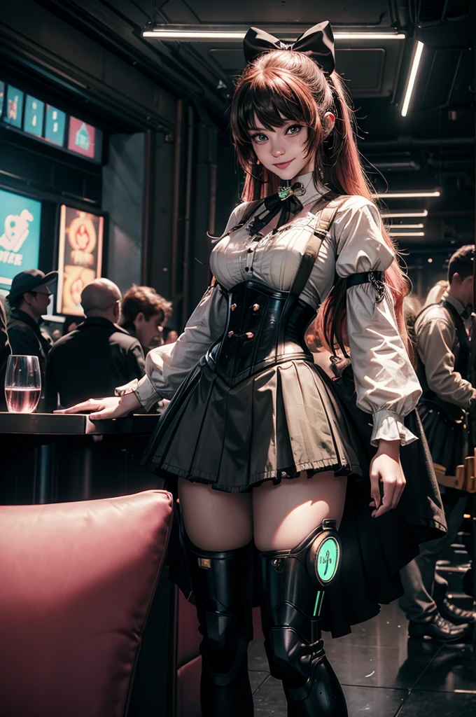 cowboy shot, smile, underbust, Penny Polendina, long hair, neck ribbon, suspender skirt, corset, black bow, white blouse, mechanical legs, neon trim, indoors, in cyberpunk wine bar, crowd, (crowd wearing cyberpunk fashion)