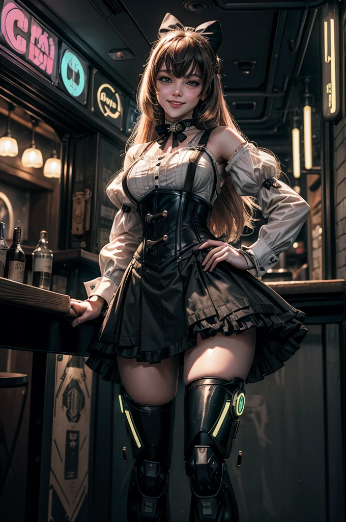 cowboy shot, smile, underbust, Penny Polendina, long hair, neck ribbon, suspender skirt, corset, black bow, white blouse, mechanical legs, neon trim, indoors, in cyberpunk wine bar, crowd, (crowd wearing cyberpunk fashion)