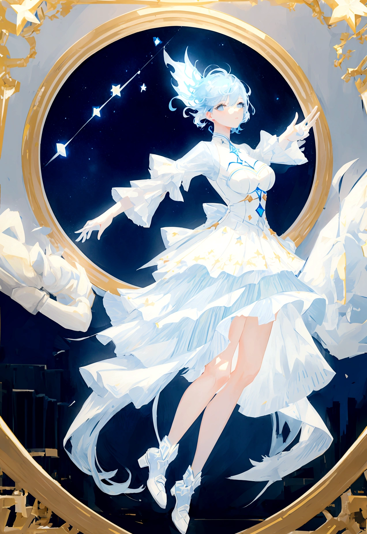 Character (adult woman) (light blue hair) (white elegant mini dress-style clothing) (character in dynamic pose) (full body in frame) (starry night)