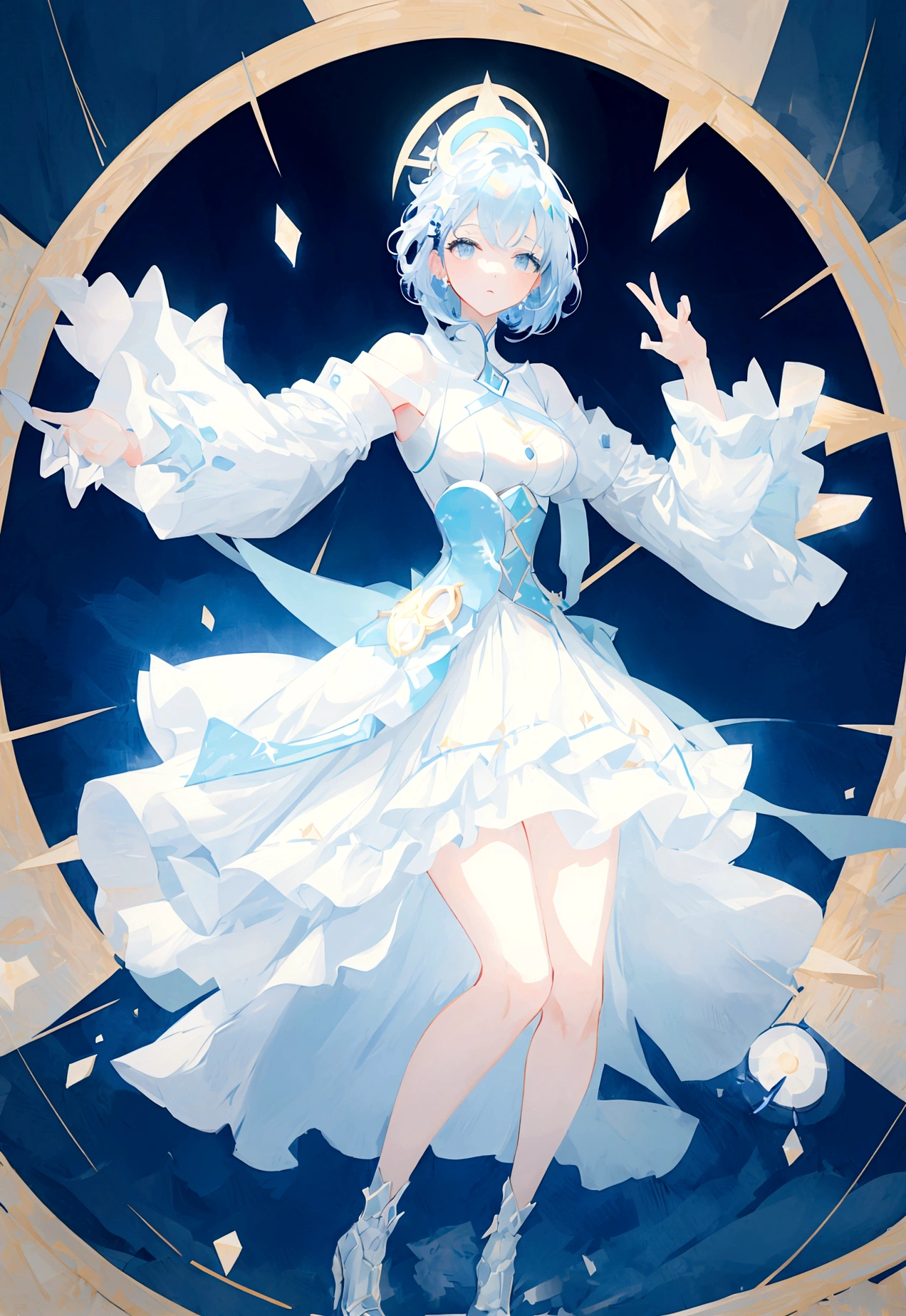 Character (adult woman) (light blue hair) (white elegant mini dress-style clothing) (character in dynamic pose) (full body in frame) (starry night)
