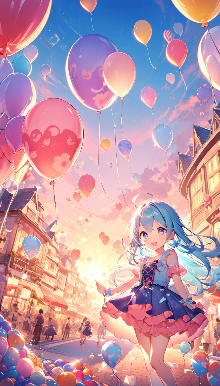 , ,(((( light blue long hair)))), , (true beautiful:1.2),cute face, big eyes,,(tiny 1girl model:1.2),)(flat chest),1 girl,A sunset over a vibrant Candyland, with colorful balloons, ice cream, and drinks 🎈🍦🍹❤(😘👩🎀👗⚜👒👡💅)🎪🎢🎡🎠. The scene is full of excitement and joy, with a variety of attractions. The sky is ablaze with a mix of warm and cool tones, creating a stunning backdrop. The lighting is soft and golden, casting a warm glow over the entire landscape. The vibrant colors of the candy-inspired structures stand out against the pastel sky. The candy-themed buildings are adorned with intricate details, from candy canes to lollipops, creating a whimsical and magical atmosphere. The balloons float in the air, adding an element of playfulness and fun to the scene. The air is filled with laughter and happy chatter as people enjoy the festive atmosphere.