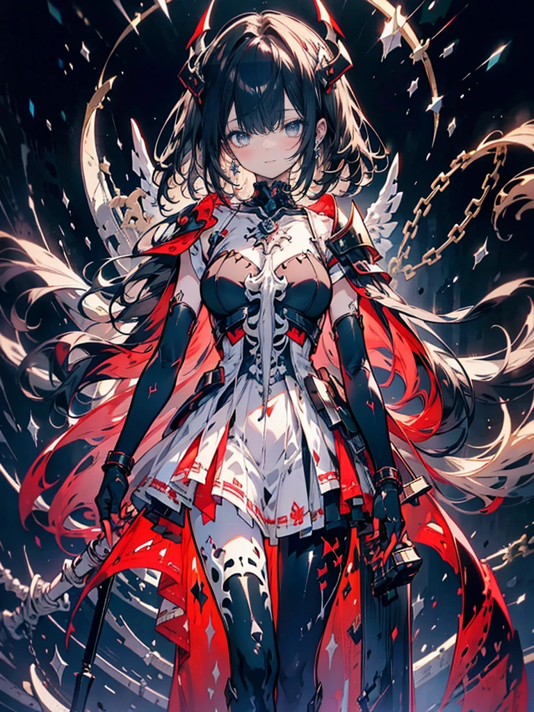 dark persona, grin, standing on pedestal, white leg armor, talking, knight, wavy hair, medium hair, Leading a ritual, dark purple eyes, audience, forehead jewel, white wing headdress, gripping spear in hand, shoulder armor, 1 female, armor, from side, white cape, runes, evil woman Executive, white dress, Ruined city, gold decoration, black hair, moonlight, earrings, chains, yin yang, long skirt, beautiful art, depth of field, high res, perfect face, detailed outfit