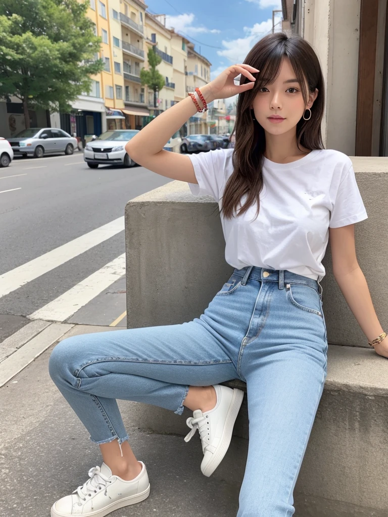 Simple casual style woman。White t-shirt and high waist jeans、Wearing white sneakers。A simple bracelet on your wrist、Striking a relaxed pose。In the background is a cafe terrace。