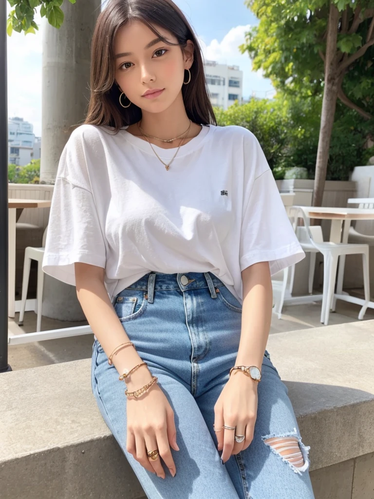 Simple casual style woman。White t-shirt and high waist jeans、Wearing white sneakers。A simple bracelet on your wrist、Striking a relaxed pose。In the background is a cafe terrace。
