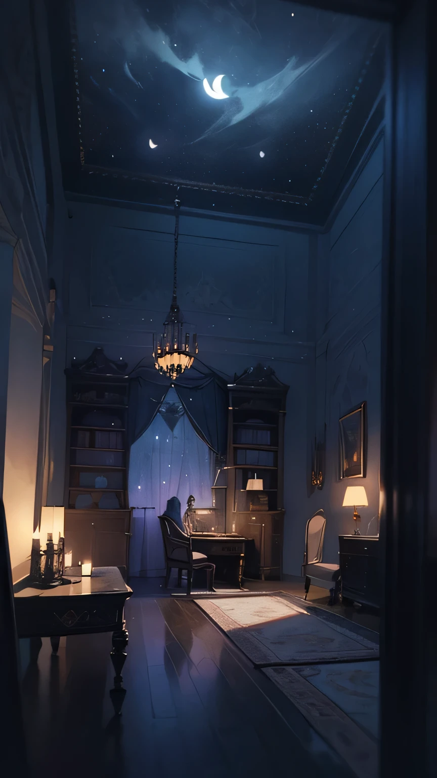 A highly detailed, There is a loft at the back、gothic-style illustration of a spacious indoor room at night, with a wide composition showcasing a gothic-style bed, a chandelier, gothic-style furniture, bookshelves, and a plush rug, all bathed in a moody, dark atmosphere with a beautiful night sky visible through the lace curtains, featuring a crescent moon and twinkling stars, masterpiece, (best quality,8k,ultra-detailed,hyper-realistic,extremely detailed),(intricate,gothic,dark fantasy:1.2),dramatic lighting,moody atmosphere,cinematic,elegant,luxurious interior,minimal human presence,(pink and black color palette:1.1),ethereal,mystical,atmospheric,studio lighting,physically-based rendering、large room、Soft moonlight、(cute room)