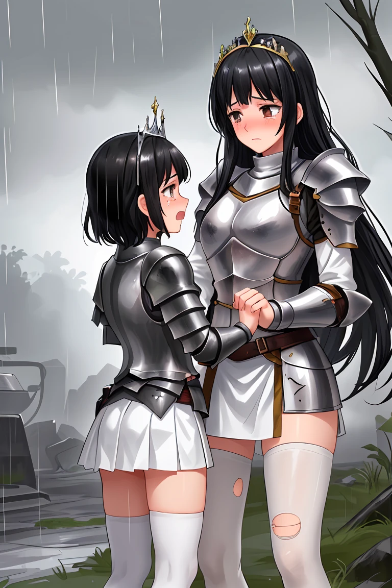 female knight　armor　tiara　Black Hair　Shortcuts　Torn white miniskirt　Torn white tights　battlefield　In combat　Holding back tears　No underwear　sisters apart in age　Height difference　heavy rain