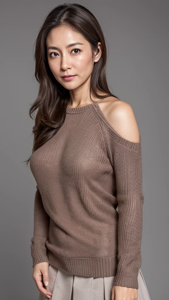 high resolution, High level of image quality, High Detail, masterpiece, Textured Skin, Anatomically correct, sharp, Gray background((Japanese Mature, 30 years old)), solo, ((Wrinkles on the face)), Breasts that are full and well-shaped, Light Brown Straight Hair,Shoulder length, Chubby body (((Stand facing the center of the screen))), Shut up,Look straight ahead seriously, sweater, skirt, ((Cowboy shooting)),