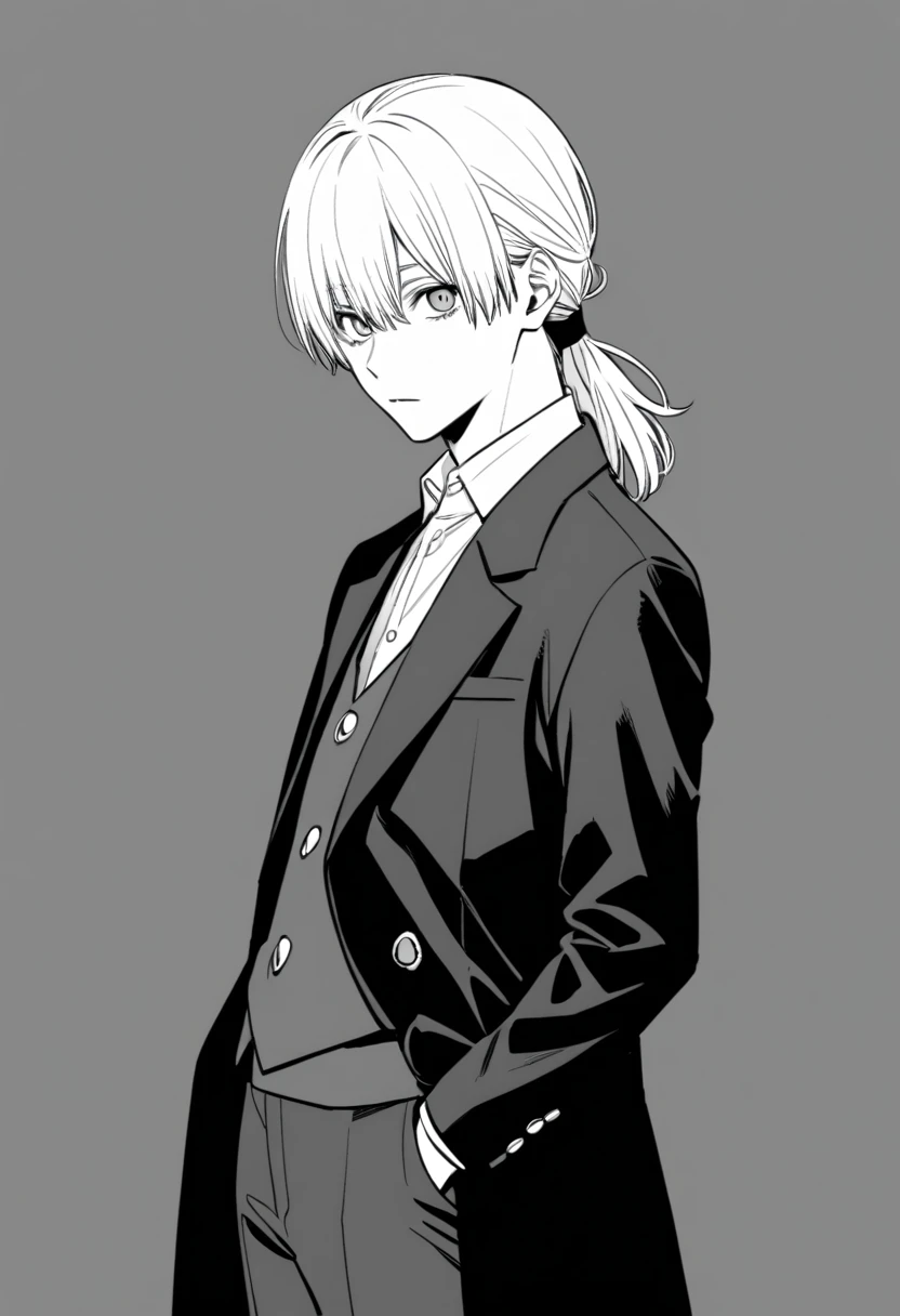 yuto-sano, 1boy, Kaneki, white hair, tied hair, long hair, long tied hair, elegant, monochrome, solo, greyscale, male focus, looking at viewer
