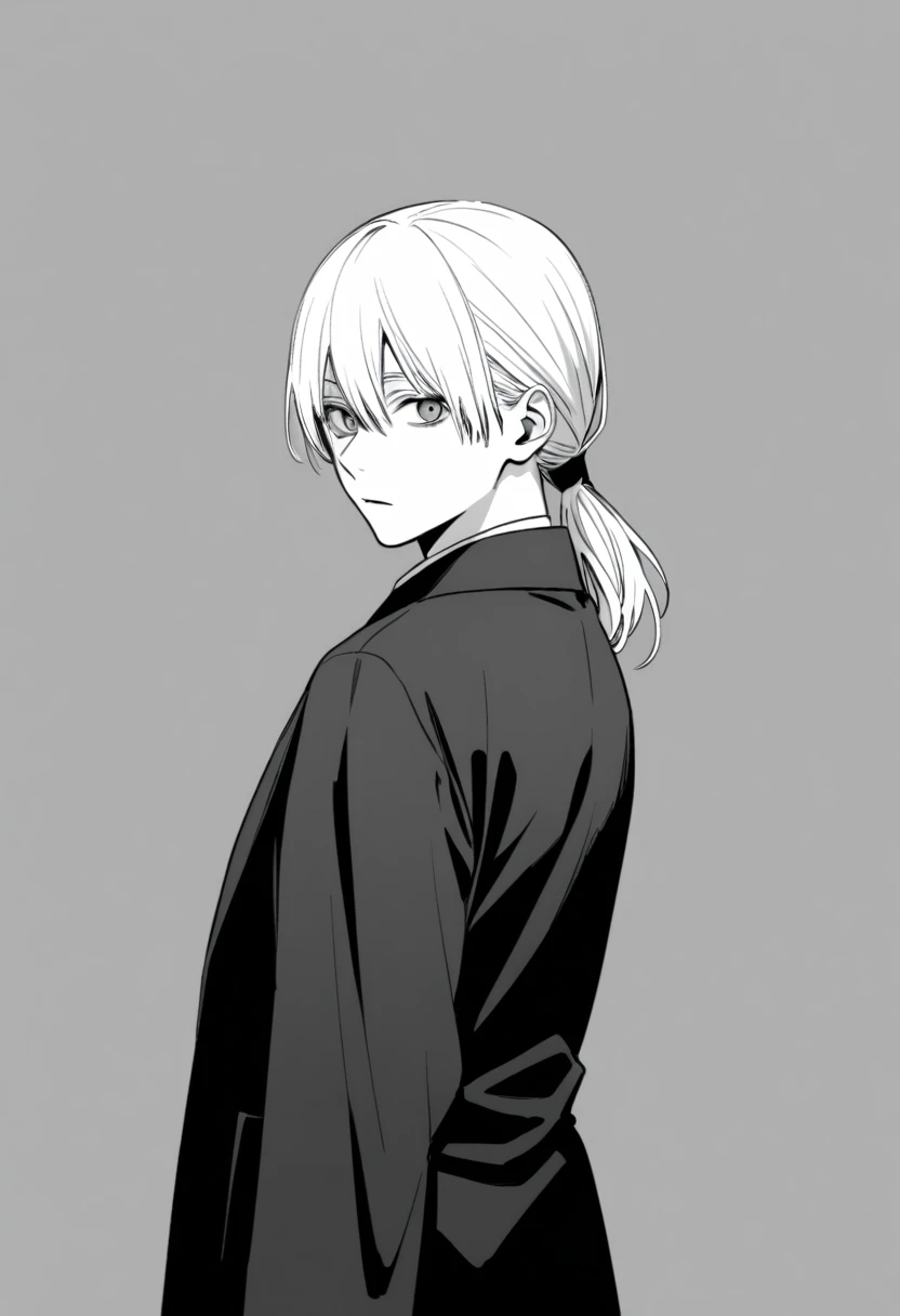 yuto-sano, 1boy, Kaneki, white hair, tied hair, long hair, long tied hair, elegant, monochrome, solo, greyscale, male focus, looking at viewer