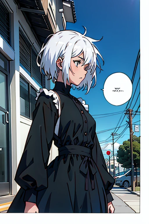 Girl with short white hair small and really skinny, deathly ill, long black dress with puffy long sleeves, manga page with panels and dialogue
