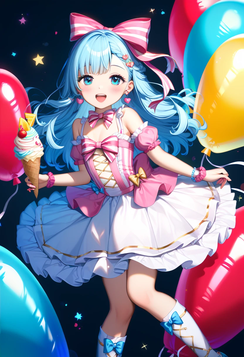 , ,(((( light blue long hair)))), , (true beautiful:1.2),cute face, big eyes,,(tiny 1girl model:1.2),)(flat chest),1 girl,A sunset over a vibrant Candyland, with colorful balloons, ice cream, and drinks 🎈🍦🍹❤(😘👩🎀👗⚜👒👡💅)🎪🎢🎡🎠. The scene is full of excitement and joy, with a variety of attractions. The sky is ablaze with a mix of warm and cool tones, creating a stunning backdrop. The lighting is soft and golden, casting a warm glow over the entire landscape. The vibrant colors of the candy-inspired structures stand out against the pastel sky. The candy-themed buildings are adorned with intricate details, from candy canes to lollipops, creating a whimsical and magical atmosphere. The balloons float in the air, adding an element of playfulness and fun to the scene. The air is filled with laughter and happy chatter as people enjoy the festive atmosphere. The characters are beautifully dressed, with elegant outfits and delicate accessories. Their eyes shine with excitement and anticipation, while their lips display a cheerful smile. The girls' dresses are adorned with bows and ribbons, adding a touch of femininity to their appearance. The scene captures the beauty of friendship and the enjoyment of a carefree day at the amusement park. The overall image quality is of the highest standard, with a focus on every minute detail. The image is ultra-detailed, bringing to life every aspect of the scene. The colors are vivid and vibrant,  creating a unique and captivating visual experience. The colors are carefully chosen to evoke a sense of wonder and enchantment. The scene is bathed in warm hues, creating a dreamlike ambiance. The lighting highlights the key features of the landscape, adding depth and dimension to the image. In summary, the prompt describe a beautiful sunset candyland