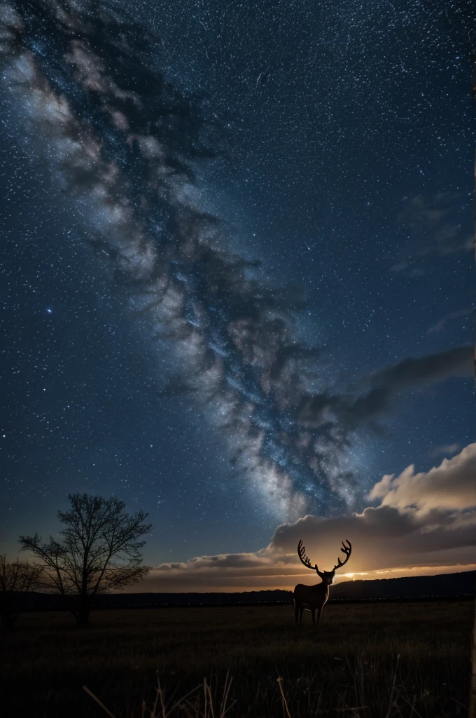 Draw a deer, which flies through the clouds in the distance, it leaves behind a star trail 