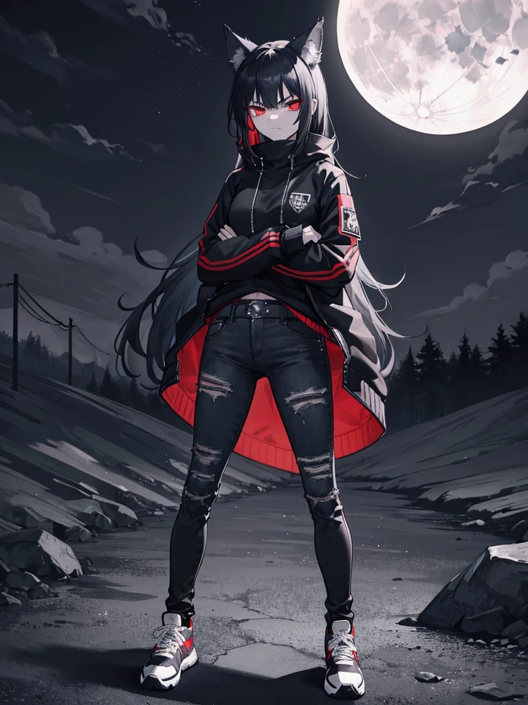 Wolf, tough, crossed arms, standing, emo, angry, night time, nightmare, goth, tomboy, moon background, black, dark red, dark red eyes, long gray wriped jeans, black and white sneakers, wearing her jacket around her waist, sharped teeth, gray wolf tail
