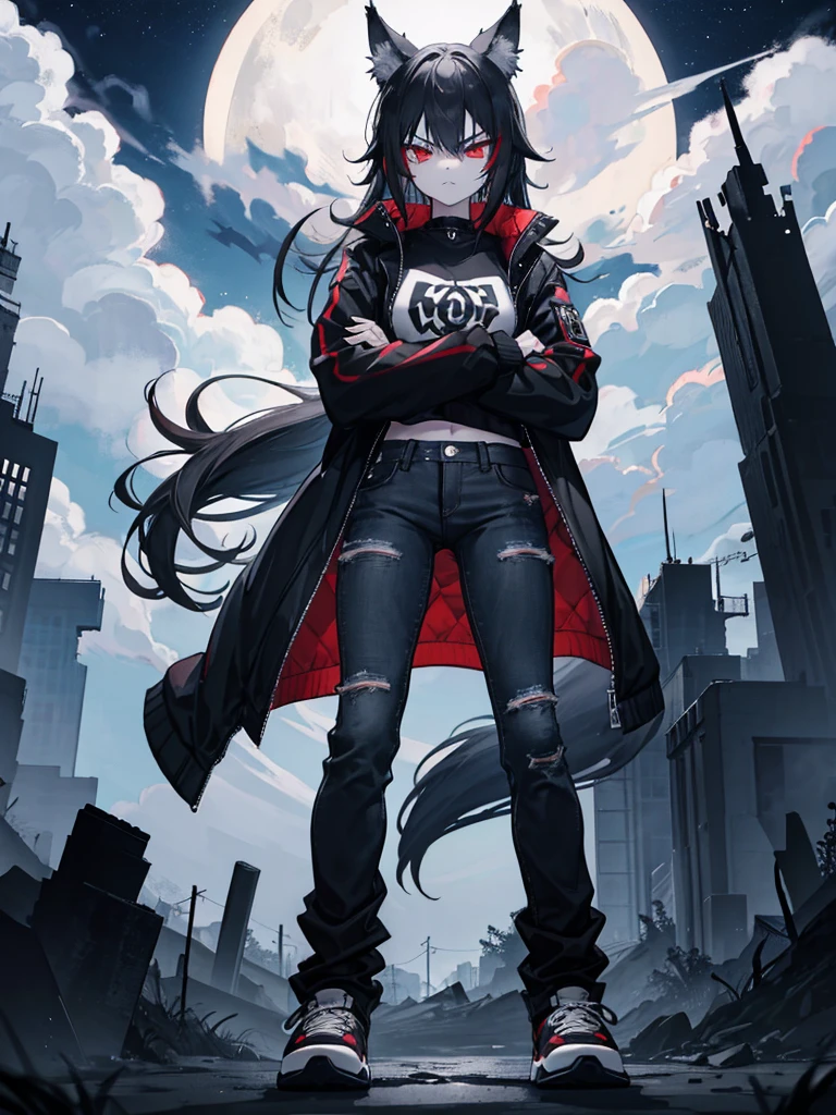 Wolf, tough, crossed arms, standing, emo, angry, night time, nightmare, goth, tomboy, moon background, black, dark red, dark red eyes, long gray wriped jeans, black and white sneakers, wearing her jacket around her waist, sharped teeth, gray wolf tail