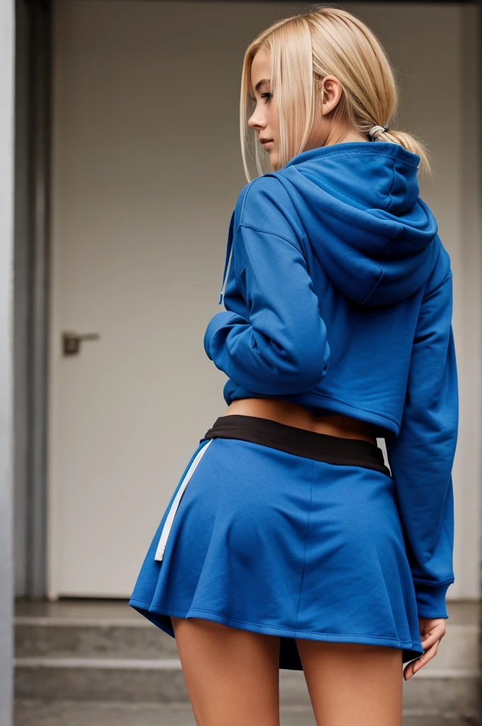 18 year old girl ,blue hoodie,black skirt ,blonde hair ,showing her back side