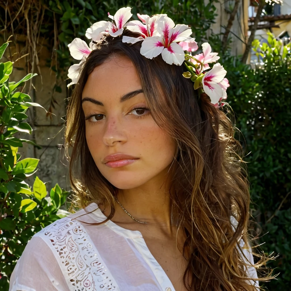 Texture de la peau, sans maquillage, Super high res closeup portrait photo oF an pretty woman outdoors with long slightly wavy hair,wearing a shirt with a brazillian Falg on it, decorative Flowers in her hair,F /2.8, canon, 85mm,cinématique, haute qualité,regarder le spectateur,