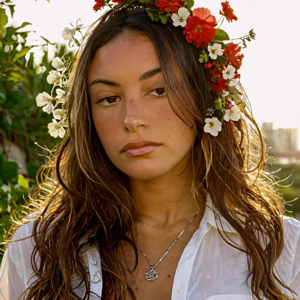 Texture de la peau, sans maquillage, Super high res closeup portrait photo oF an pretty woman outdoors with long slightly wavy hair,wearing a shirt with a brazillian Falg on it, decorative Flowers in her hair,F /2.8, canon, 85mm,cinématique, haute qualité,regarder le spectateur,