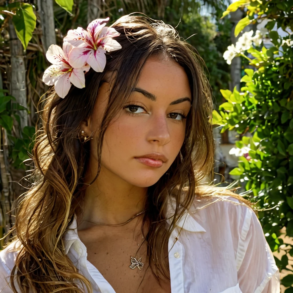 Texture de la peau, sans maquillage, Super high res closeup portrait photo oF an pretty woman outdoors with long slightly wavy hair,wearing a shirt with a brazillian Falg on it, decorative Flowers in her hair,F /2.8, canon, 85mm,cinématique, haute qualité,regarder le spectateur, 