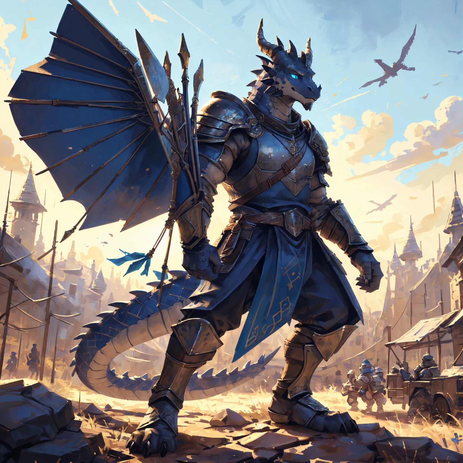 ((middle Ages:1.3,Range background:1.5)),Royal Family:1.2,((Crossbowman:1.6,Crossbow in hand:1.5)),((sunny:1.4)),high resolution,4K,(((whole body:1.1,Strike a pose:1.5))),masterpiece,high quality,((dragon)),male,dragonFurry,(teenager:1.3),hairy,((Heroic and Calm:1.4)),(((Slender face:1.2,Lean:1.2,Long legs:1.3,Thick dragon tail:1.2))),(((Gray head:1.2,Blue pupils:1.2,neck:1.3,Gray Hands:1.4,muscle:1.3))),(((White Armor:1.3,There is a blue flag on the armor:1.4))),Exquisite eyes,Detailed body,Detailed hands,Detailed feet,Kenket's Art