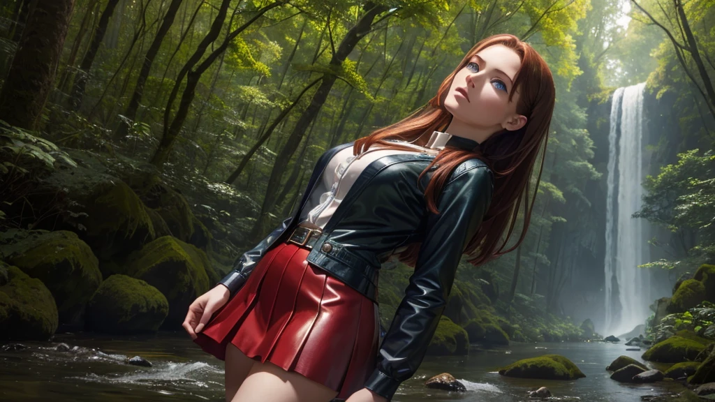 12K, HDR, BEST IMAGE, REALISTIC, FOREST, DARK GREEN, RIVER, A BEAUTIFUL YOUNG GIRL, 30 YEARS OLD, RED BROWN HAIR, LONG STRAIGHT, , RED LATEX SKIRT, , BLOUSE , LARGE PHOTO OF HER, STANDING, SKY BLUE EYES , BLUE ROUND PORTAL, TO ANOTHER WORLD, MYSTERIES OF DEEP NATURE