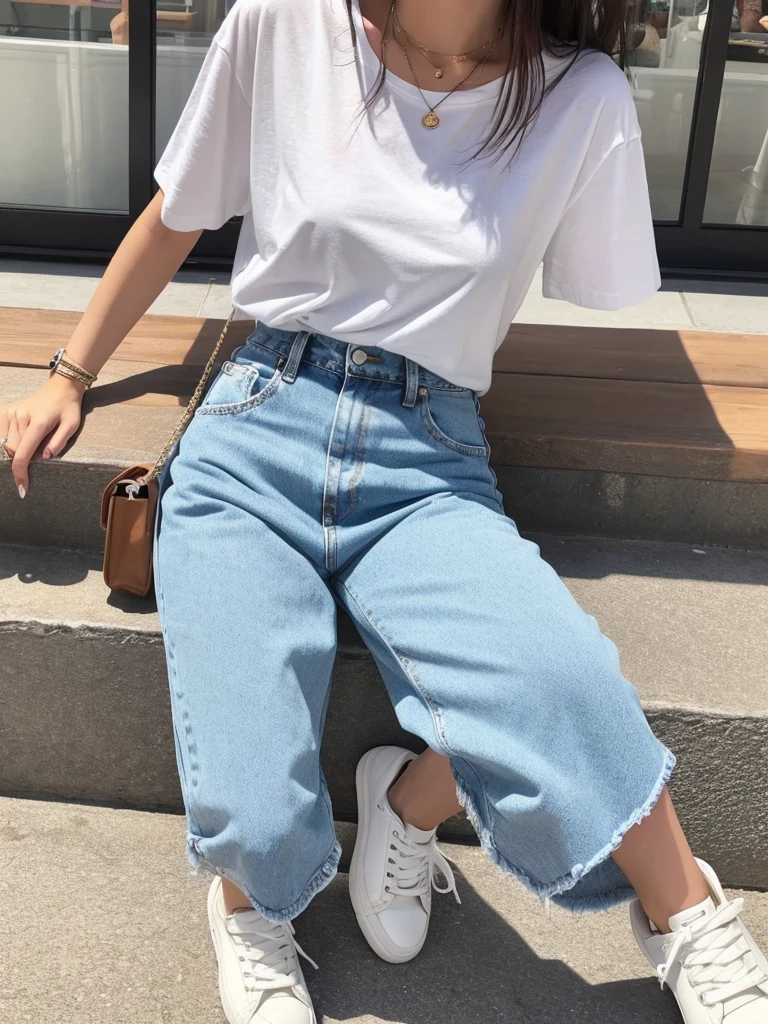Simple casual style woman。White t-shirt and high waist jeans、Wearing white sneakers。A simple bracelet on your wrist、Striking a relaxed pose。In the background is a cafe terrace。