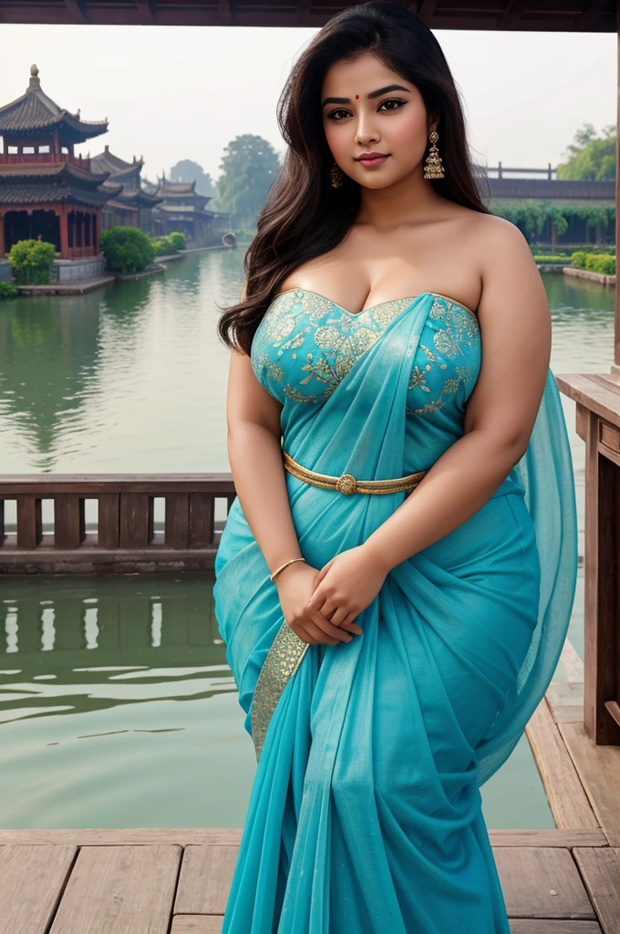 1 Heavenly beautiful and goddess beauty cute and sweet looking face Indian female in front of Wuzhen Water Town, China, Heavenly beautiful Overweight, Heavenly beautiful Extremely fat, Heavenly beautiful and attractive Chubby figure , Heavenly beautiful looking and eye catching luxury style tight fitting Indian strapless traditional blouse and sarees , reaching out, Heavenly beautiful Arabian woman, 16k, High resolution, masterpiece, highest quality, fine skin, outside view, Realistic Photograph, size 45 and waist size 32, close up face view