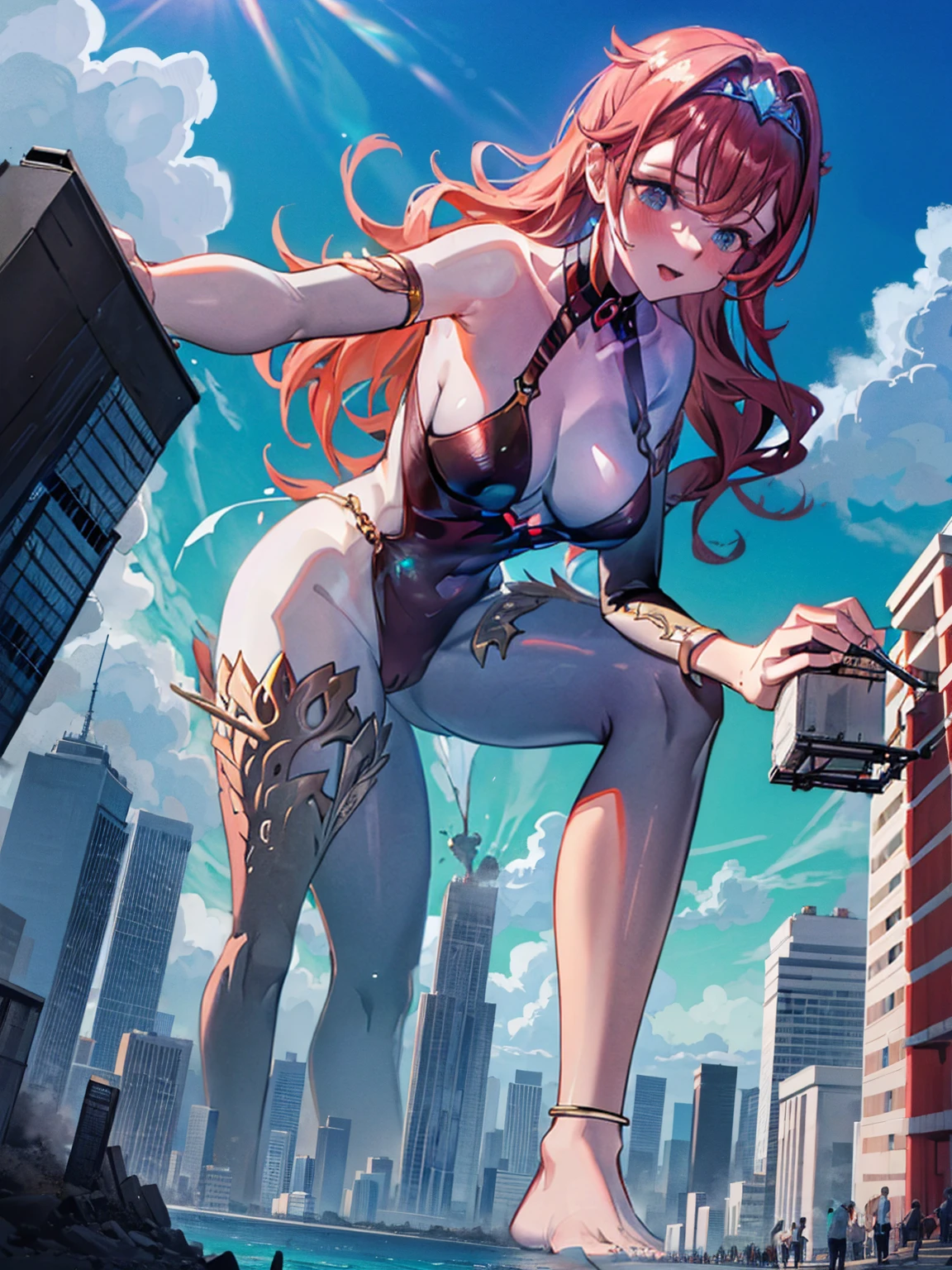 Giantess appears from underwater in front of a giant cruise ship, the cruise ship looks very small in front of her because it is giant, she is naked, she has red hair and white skin, she has small breasts but very sexy legs and her body is very curvy. Goddess, Attack, giant, cruise ship, full naked, sexy, hot, ocean, in middle of the ocean, without buildings, High quality, Red hair, hottest, tall girl, sexy legs, monster girl, cruise ship, giant cruise, attacking, evil, mad, without clothes, hentai, xxx