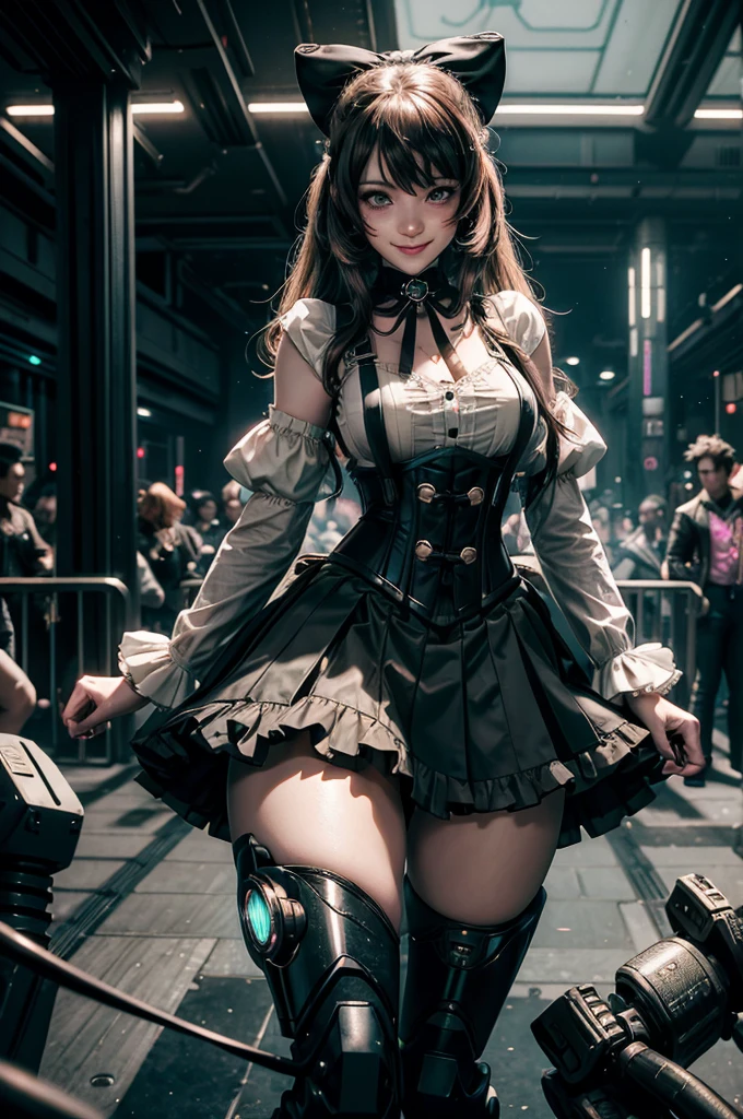 cowboy shot, smile, underbust, Penny Polendina, long hair, neck ribbon, suspender skirt, corset, black bow, white blouse, mechanical legs, neon trim, indoors, in cyberpunk club, crowd, (crowd wearing cyberpunk fashion)