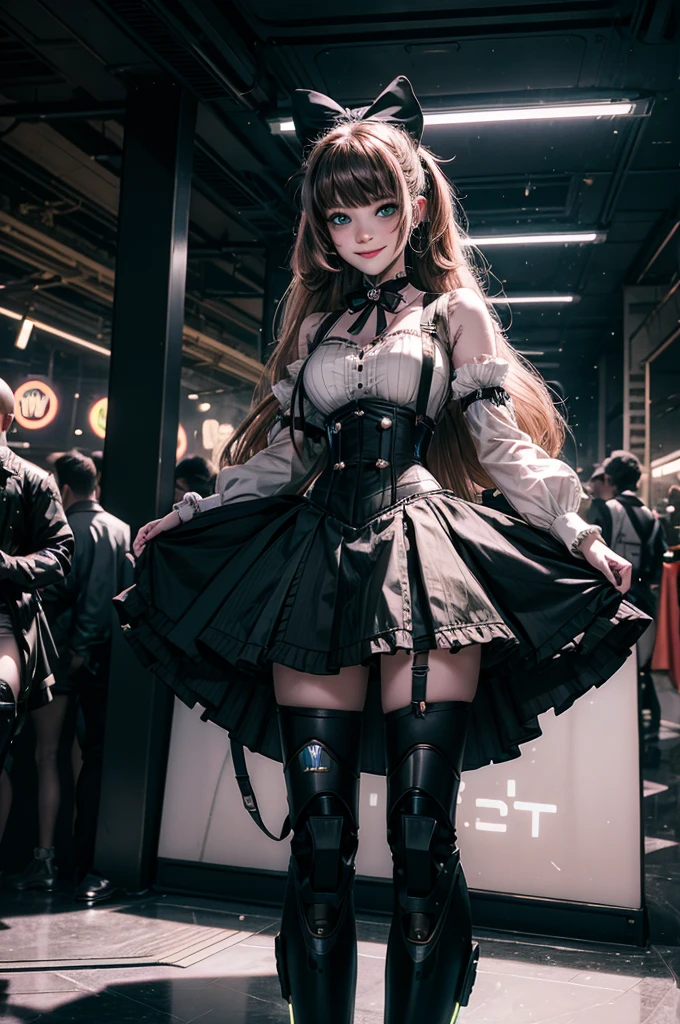 cowboy shot,  smile,  underbust, Penny Polendina, long hair, neck ribbon, suspender skirt, corset, black bow, white blouse, mechanical legs, neon trim, indoors, in cyberpunk club, crowd, (crowd wearing cyberpunk fashion)

