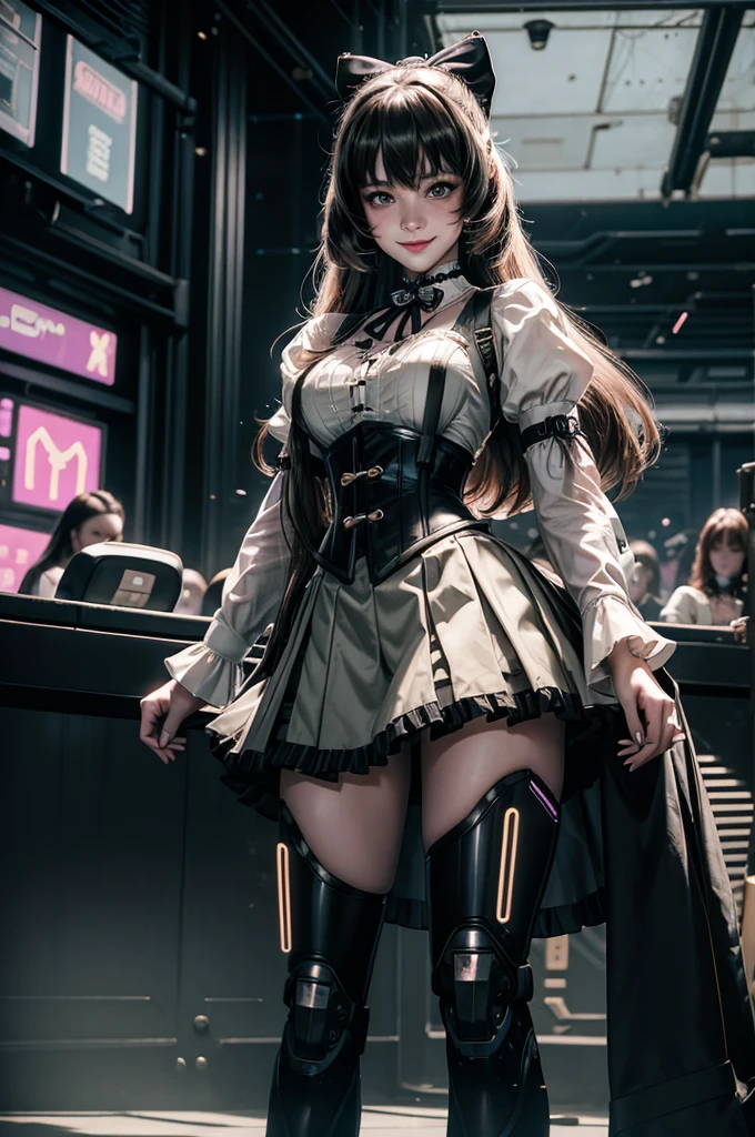 1girl, solo, cowboy shot, smile, underbust, Penny Polendina, long hair, neck ribbon, suspender skirt, corset, black bow, white blouse, mechanical legs, neon trim, indoors, sranding, dynamic pose, in cyberpunk library, crowd, (crowd wearing cyberpunk fashion)