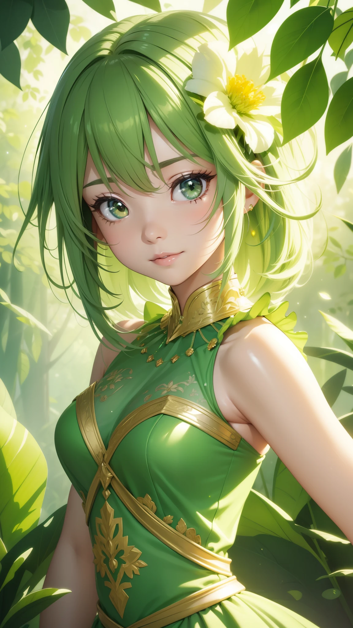 (masterpiece,Highest quality,Highest quality,Beautiful and beautiful:1.2),Realistic,Close-up full-body portrait,A beautiful girl the size of a flower, Flower spirits in human form,Standing in the margins,Face focus,Beautiful Eyes,Between the leaves,Ultra-realistic,attractive,Emerald green costume,Sleeveless long dress,Glitter,Aura-luminescence,Transparency,Pale green and yellow tones,Bright lights,High resolution,Ultra-detailed,Bright colors,Cute Expressions,Happy Max Emotion,Character Design, Digital Art