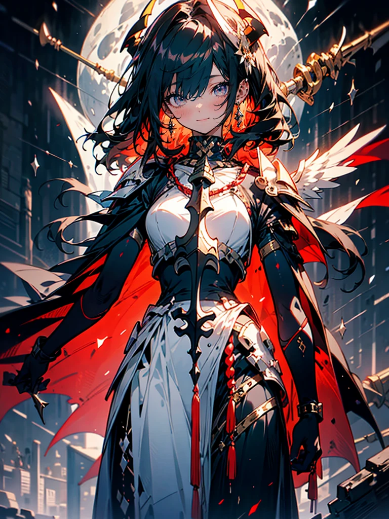 dark persona, grin, standing on pedestal, white leg armor, talking, knight, wavy hair, medium hair, Leading a ritual, dark purple eyes, audience, forehead jewel, white wing headdress, gripping spear in hand, shoulder armor, 1 female, armor, from side, white cape, runes, evil woman Executive, white dress, Ruined city, gold decoration, black hair, moonlight, earrings, chains, yin yang, long skirt, beautiful art, depth of field, high res, perfect face, detailed outfit