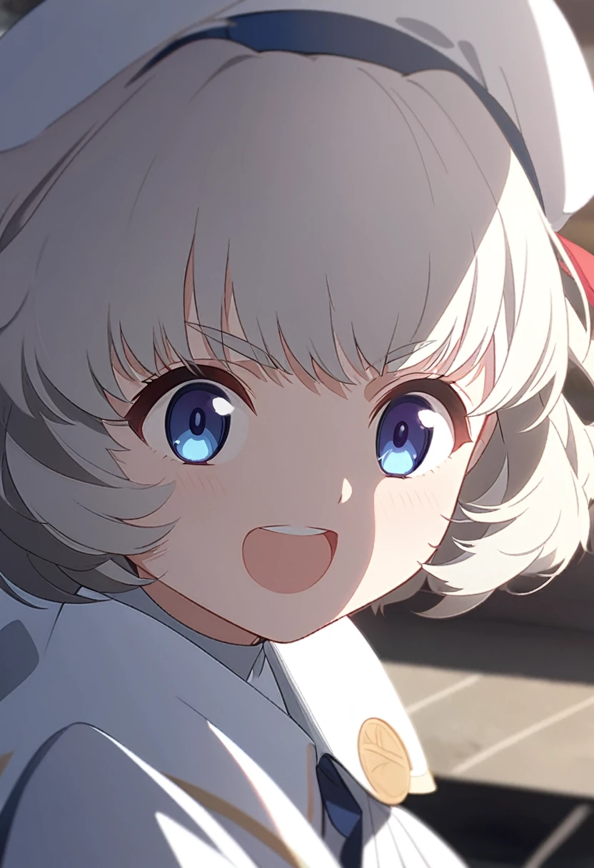 ((high quality,最high quality,8K,Best image quality)),Girl 1,(Young:1.1,:1.1,10 y),(Silver Hair:1.2),cute,(Wavy Hair:1.2),(Very Short Hair:1.3),(Long sideburns:1.3),(Dark blue eyes:1.1),(White large dress:1.3),(smile:1.1),Strong winds,Transparency,(Small white beret:1.5) ,Close-up of face